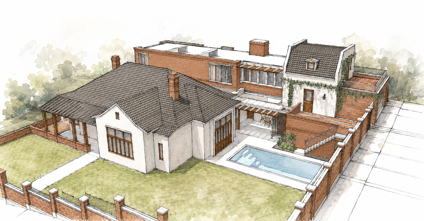 Forest — aerial perspective drawing of the house and first-floor addition