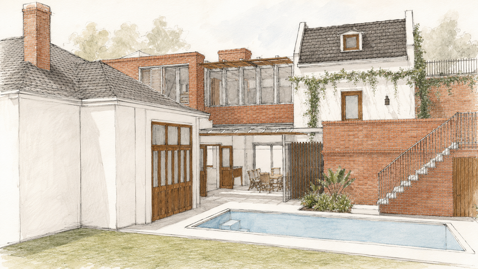 Forest — courtyard perspective drawing with pool and brick stair